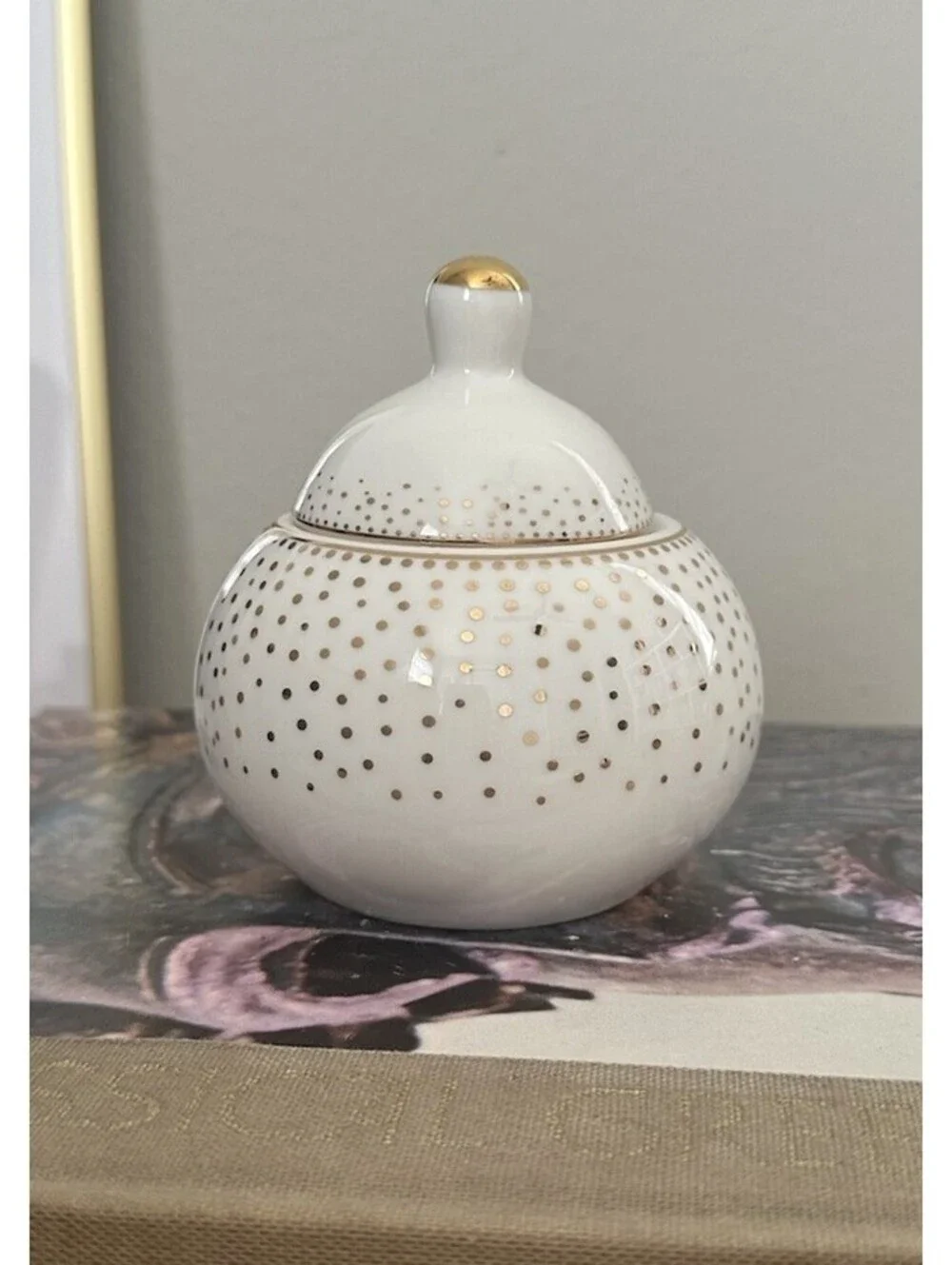 Porcelain Sugar Bowl & Lid Metallic Gold Polka Dots by Grace’s Teaware